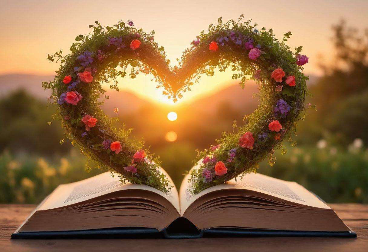 A beautifully arranged heart shape made of intertwined vines and flowers, symbolizing growth and connection, sits at the center. Surrounding it are open books with glowing pages, suggesting knowledge and wisdom about love. In the background, a soft sunset casts warm light, creating a romantic atmosphere. Include a couple holding hands in the distance, representing partnership. vibrant colors. dreamy style.