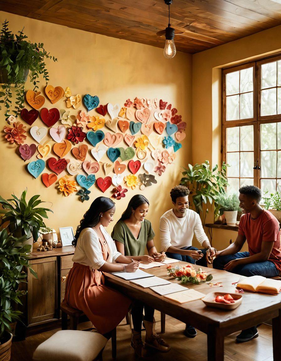 A serene workshop scene featuring diverse couples engaged in activities symbolizing love and attachment, such as heart-shaped crafts and trust exercises. The room is adorned with warm colors, soft lighting, and inspiring quotes on the walls, creating an inviting atmosphere. Include elements of nature, like flowers and greenery, to symbolize growth and connection. The couples should display a range of emotions, capturing the essence of devotion. super-realistic. vibrant colors. warm atmosphere.