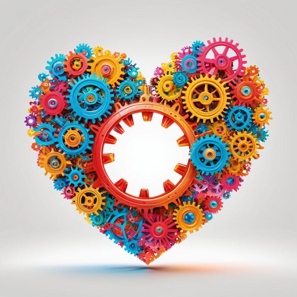 A heart-shaped visual filled with vibrant gears and cogs representing emotional intelligence, surrounded by diverse couples engaging in supportive conversations, with a glowing light symbolizing growth emerging from the center. Bright and uplifting colors to evoke positivity and connection. super-realistic. vibrant colors. white background.